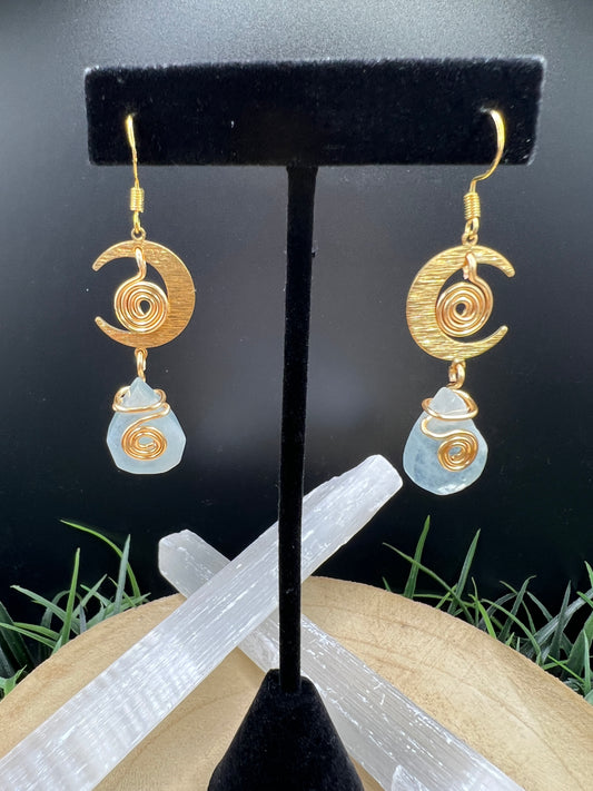 Aquamarine & Crescent Wire Wrapped Earrings