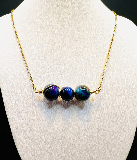 Blue Tiger's Eye Wire Wrapped Necklace (Gold)