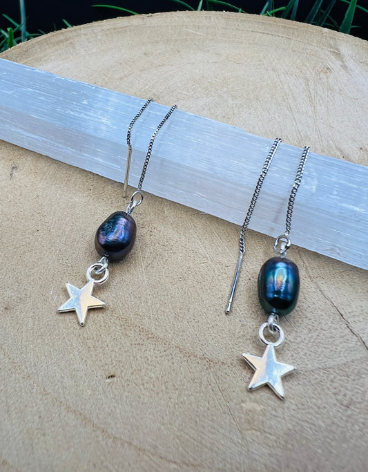 Black Pearl & Silver Star Earrings