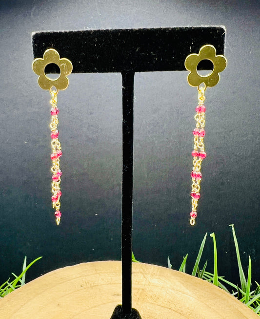 Gold Blossom & Pink Glass Bead Earrings