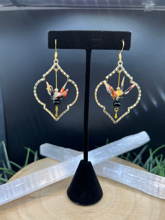 Orizuru Origami Crane Earrings (Onyx Bead & Gold)