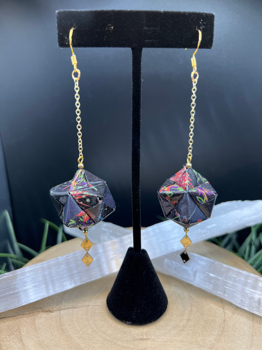Hoshi Origami Geometric Drop Earrings (Black & Gold)