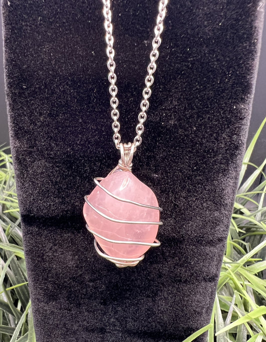 Rose Quartz Crystal Wrapped in Silver Wire