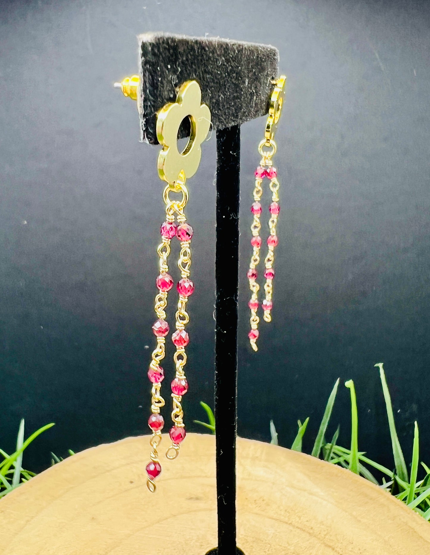 Gold Blossom & Pink Glass Bead Earrings