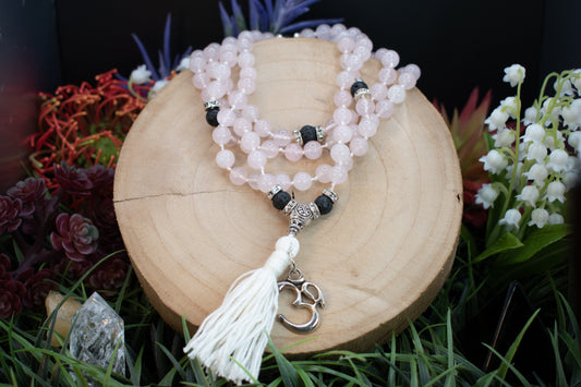 Rose Quartz and Lava Bead Mala Necklace