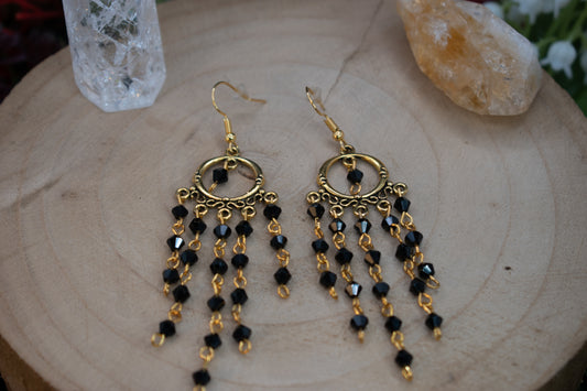 Gold Chain and Black Bead Chandelier Earrings