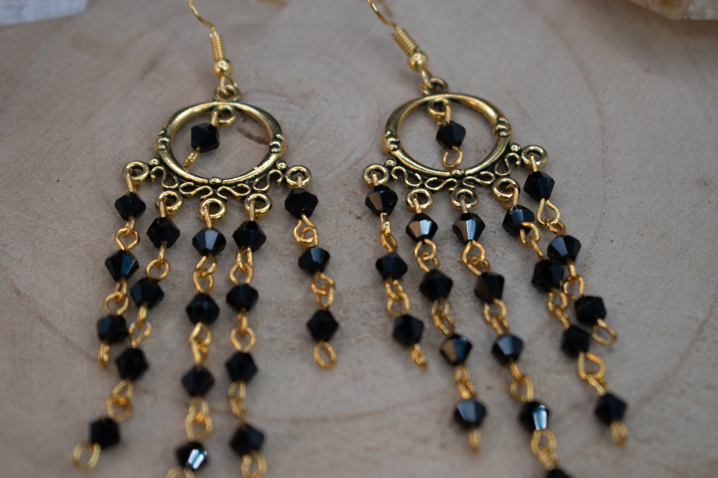 Gold Chain and Black Bead Chandelier Earrings