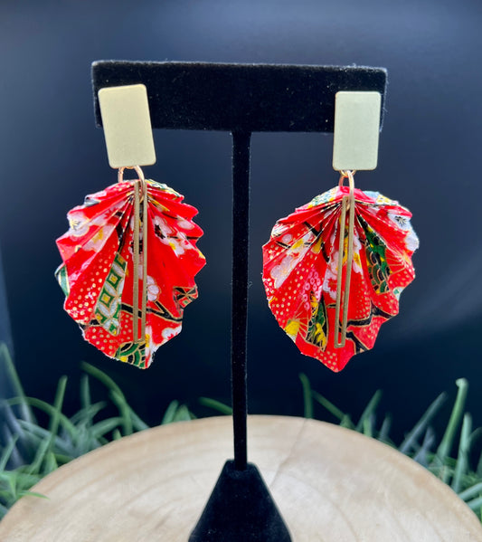 Sensu Origami Leaf Earrings (Red & Gold)